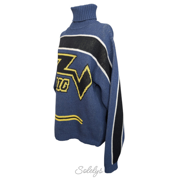 Zadig & Voltaire Défilé Roy Biker Logo Ocean Blue Jacquard Wool Cashmere Sweater - Picture 6 of 13